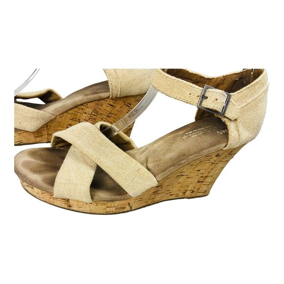 Toms Women's Tan High Heel Canvas Open Toe Cork Wedge Sandals W10 - Picture 6 of 10